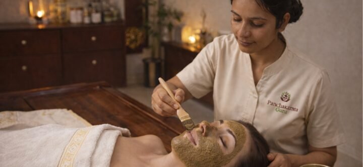 Ayurvedic facial therapy in progress