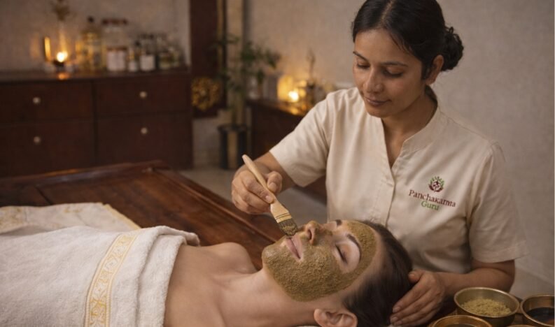 Ayurvedic facial therapy in progress